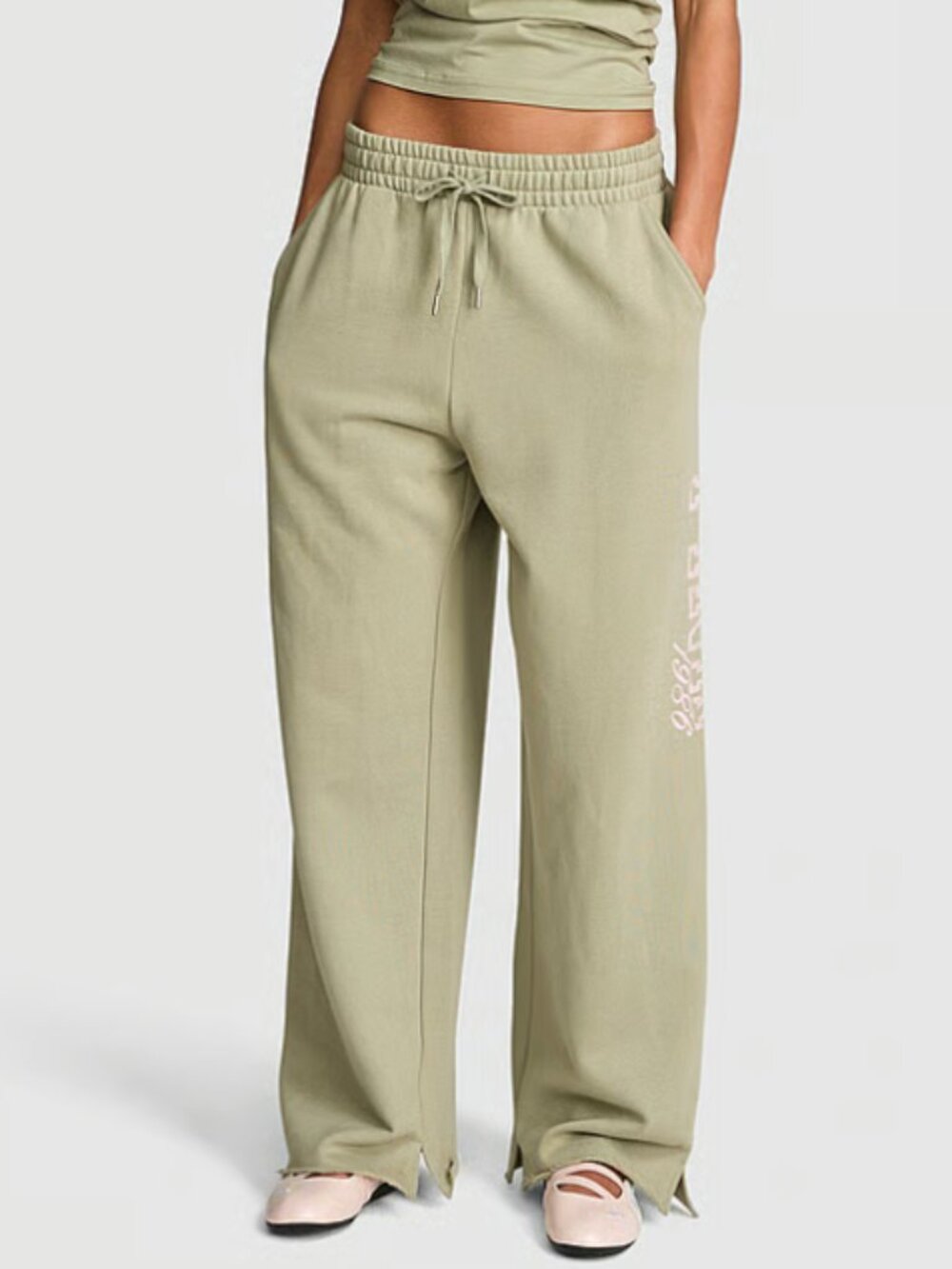 PINK Victoria's Secret Ivy Fleece Slate Green Wide Leg Sweatpants - NWT - Picture 3 of 5